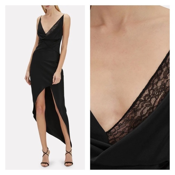 NWT CUSHNIE Black Lace Trim Wrap Around Midi Silk Slip Dress Size 10 - Picture 1 of 11